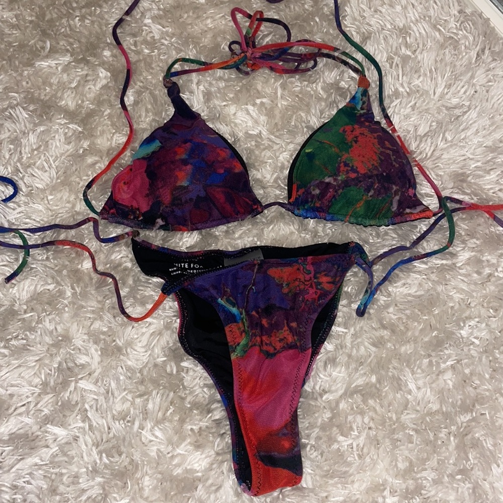 White fox boutique bikini and cover up skirt in print Radiation